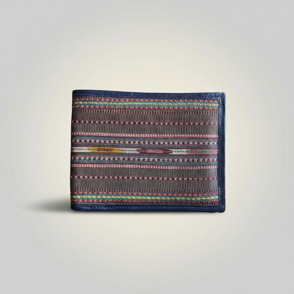 Vintage Handmade Woven Textile Navy Leather Wallet Billfold Gift Him